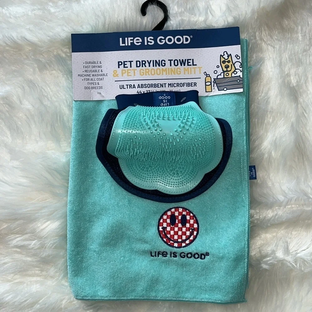 🆕 Life is Good Microfiber Pet Towel and Grooming Mitt Set